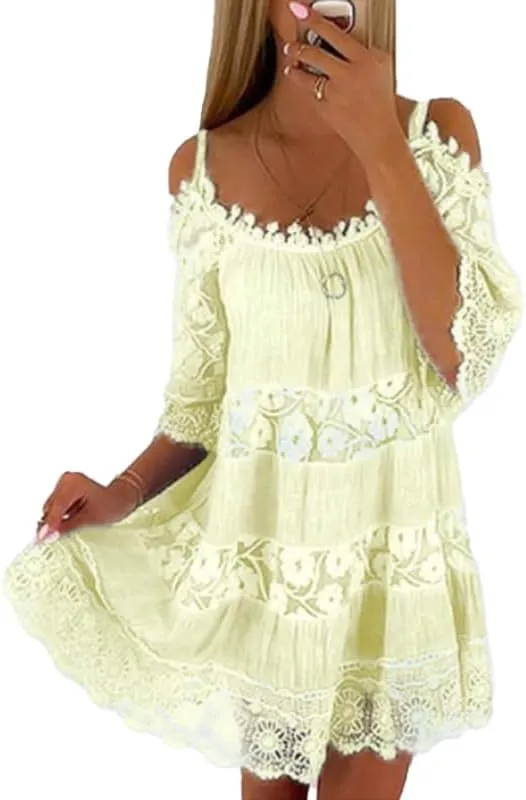 Womens Summer Cold Shoulder Lace Floral Flowy Dress Short Sleeve Tiered Babydoll Mini Dresses