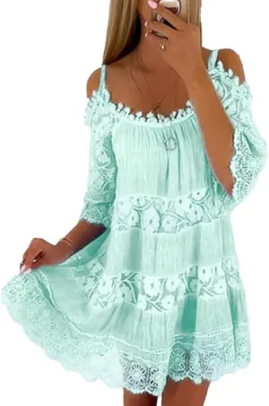 Womens Summer Cold Shoulder Lace Floral Flowy Dress Short Sleeve Tiered Babydoll Mini Dresses
