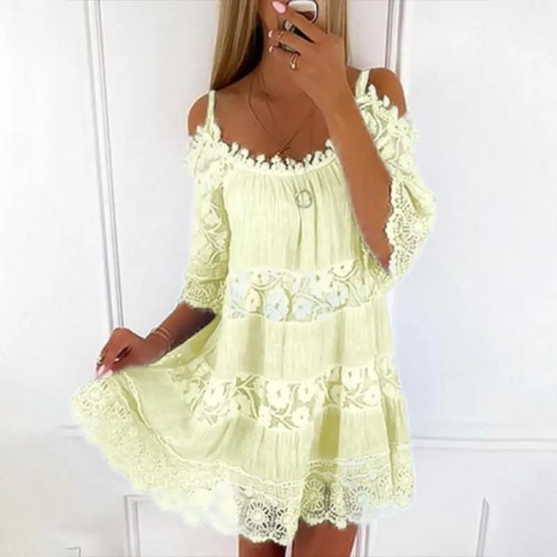 Womens Summer Cold Shoulder Lace Floral Flowy Dress Short Sleeve Tiered Babydoll Mini Dresses