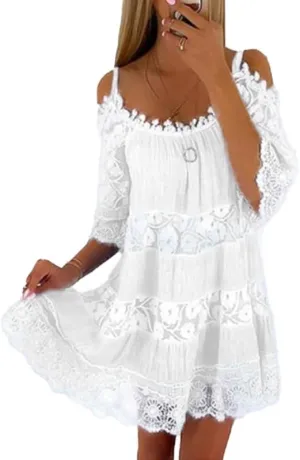Womens Summer Cold Shoulder Lace Floral Flowy Dress Short Sleeve Tiered Babydoll Mini Dresses
