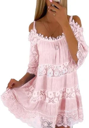 Womens Summer Cold Shoulder Lace Floral Flowy Dress Short Sleeve Tiered Babydoll Mini Dresses