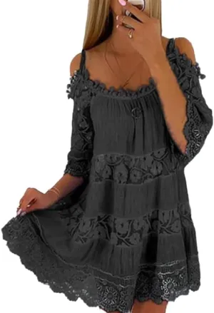 Womens Summer Cold Shoulder Lace Floral Flowy Dress Short Sleeve Tiered Babydoll Mini Dresses