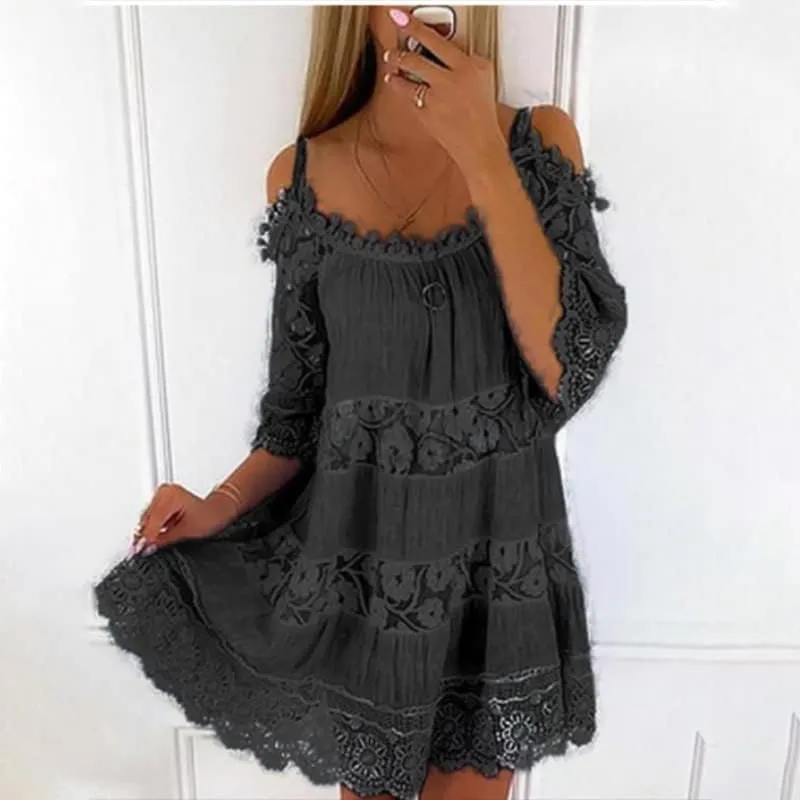 Womens Summer Cold Shoulder Lace Floral Flowy Dress Short Sleeve Tiered Babydoll Mini Dresses