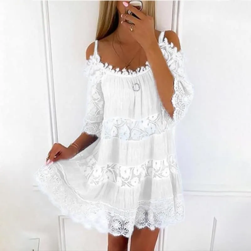Womens Summer Cold Shoulder Lace Floral Flowy Dress Short Sleeve Tiered Babydoll Mini Dresses