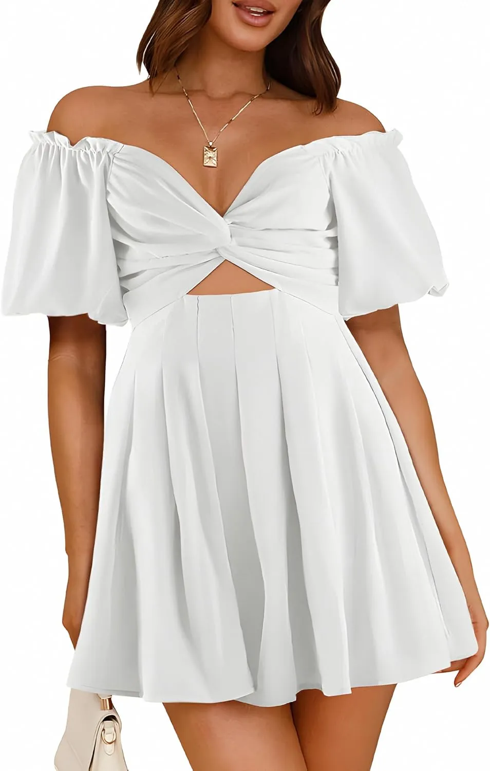 Women's Summer Puff Sleeve Short Dress High Waist Casual A-Line Dress Off Shoulder Knot Front Hollow Out Mini Dresses