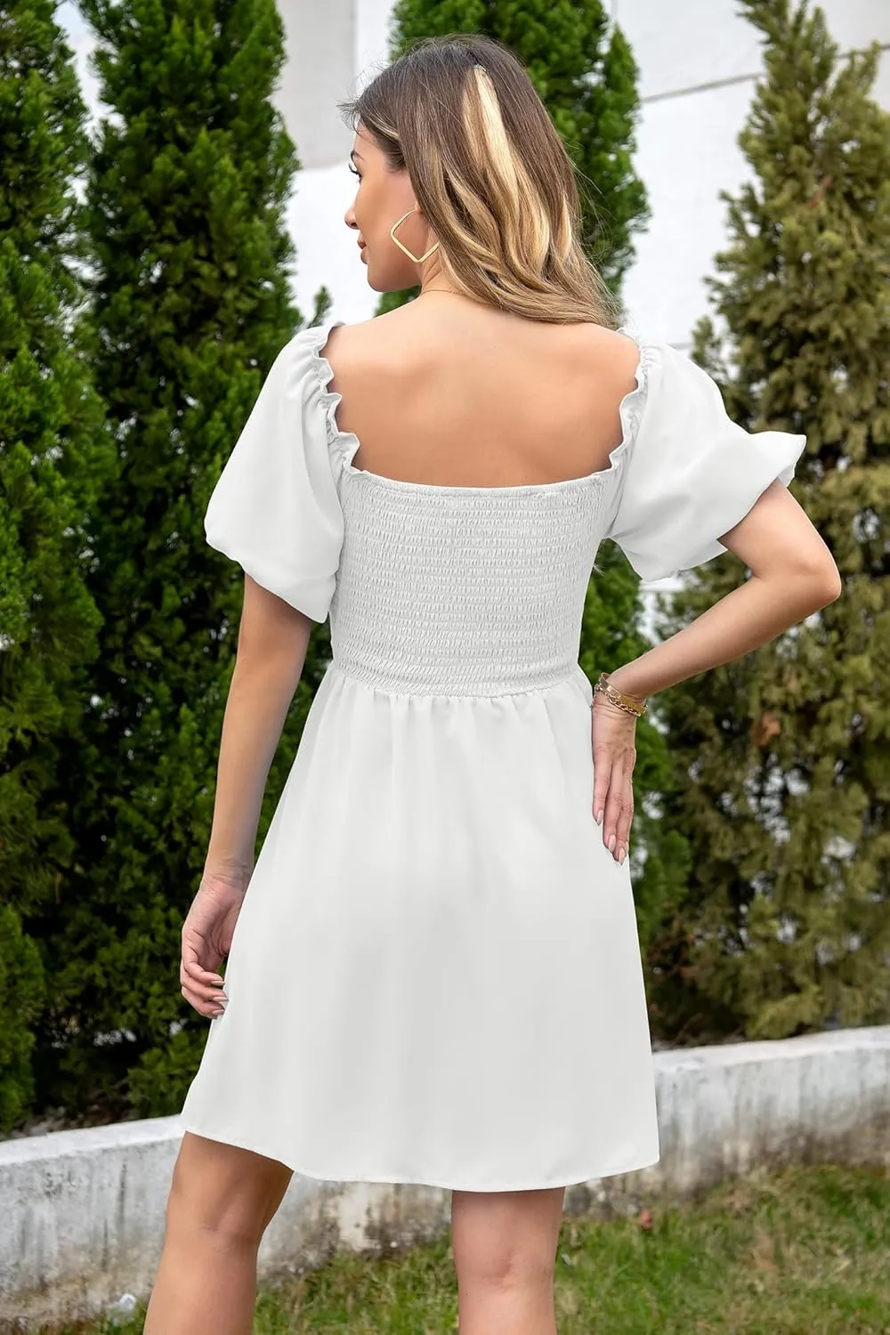 Women's Summer Puff Sleeve Short Dress High Waist Casual A-Line Dress Off Shoulder Knot Front Hollow Out Mini Dresses
