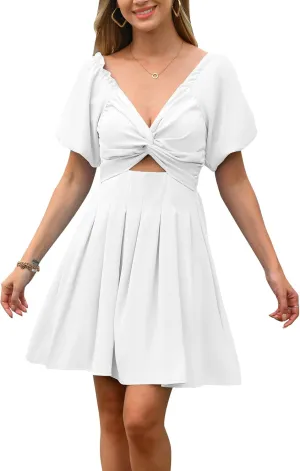 Women's Summer Puff Sleeve Short Dress High Waist Casual A-Line Dress Off Shoulder Knot Front Hollow Out Mini Dresses