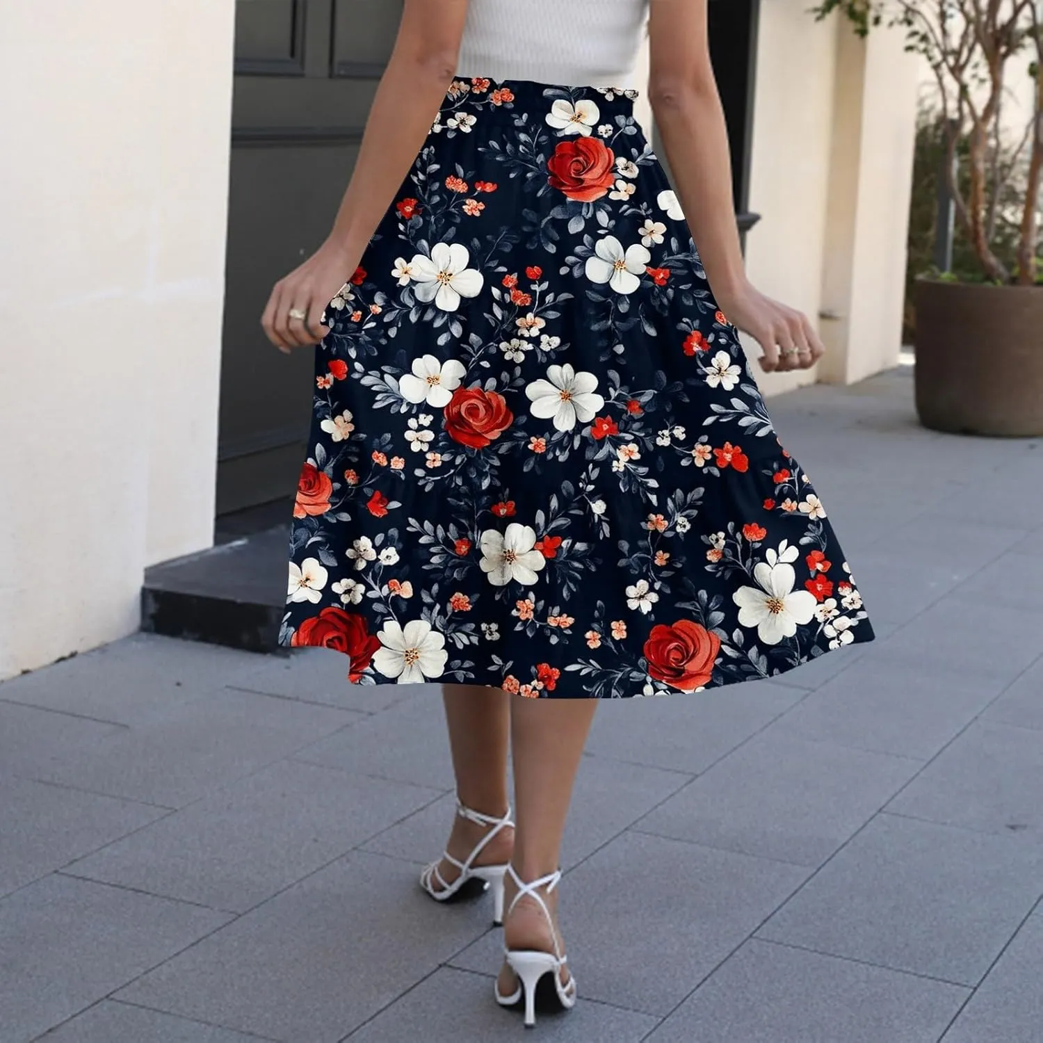 Women's Summer Skirt 2025 Ditzy Floral Print Skirt Boho Stretch High Waist Ruffle Hem Midi Skirts, S-XL