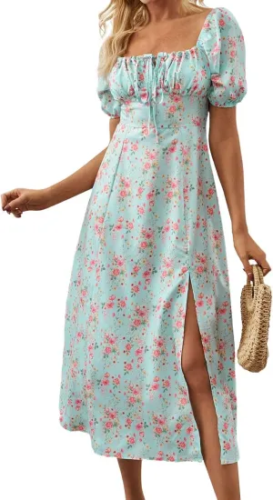 Womens Summer Square Neck Tie Front Sexy Midi Dress Floral Boho Ruffle Sleeve High Slit Flowy Vacation Tshirt Dress
