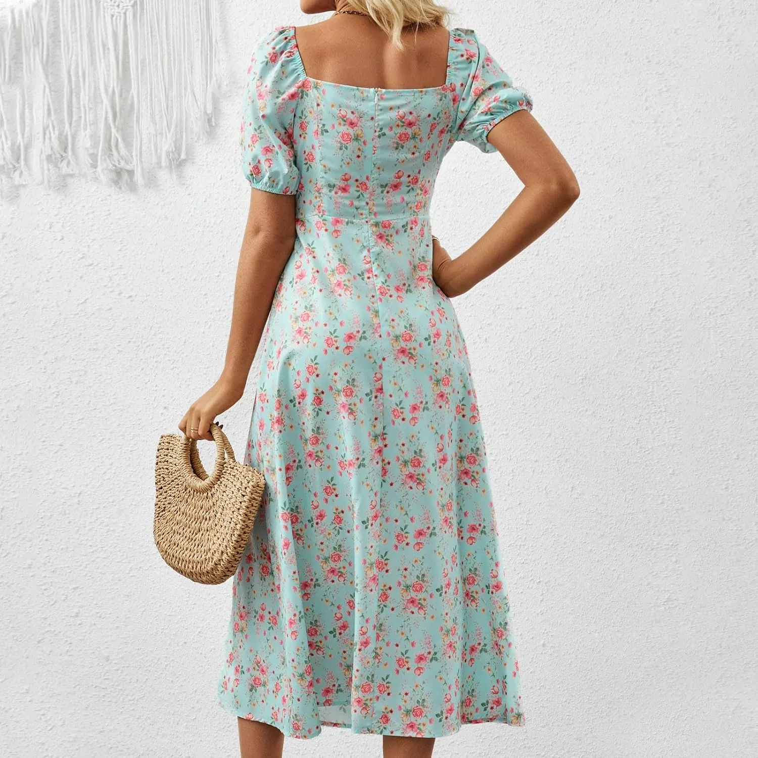 Womens Summer Square Neck Tie Front Sexy Midi Dress Floral Boho Ruffle Sleeve High Slit Flowy Vacation Tshirt Dress