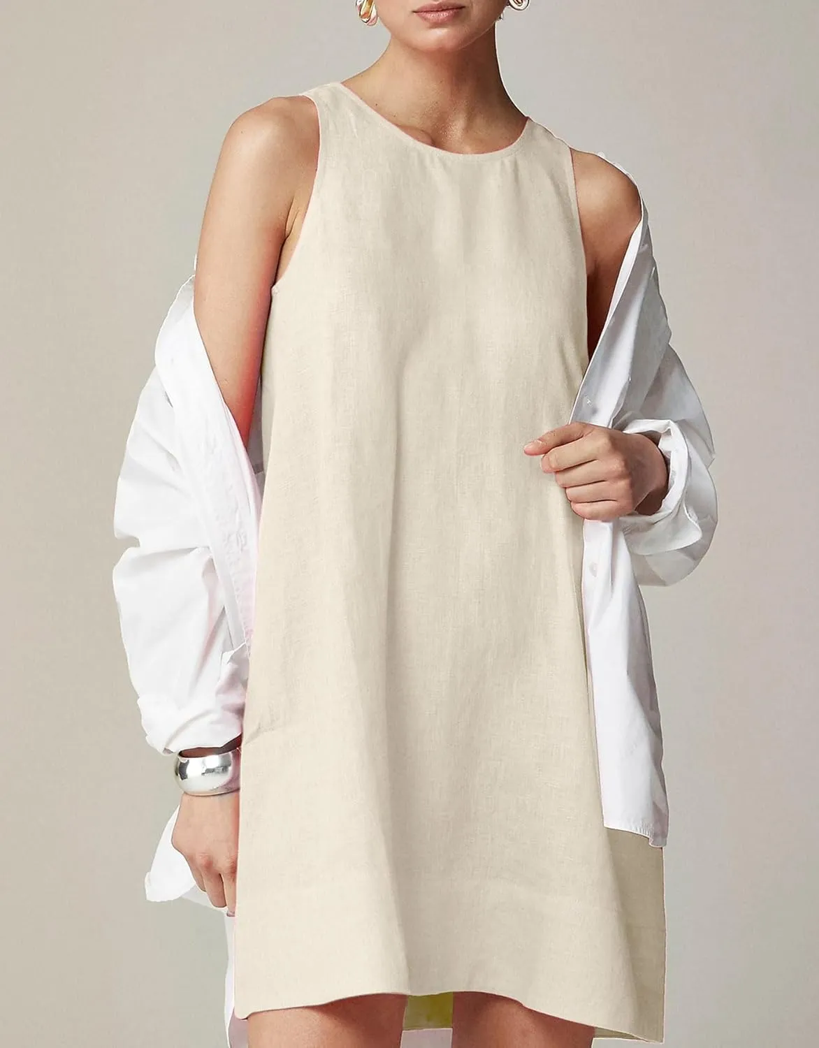 Womens Summer Tank Dress Casual Sleeveless Tunic Shift Linen Dress Smocked Sundresses