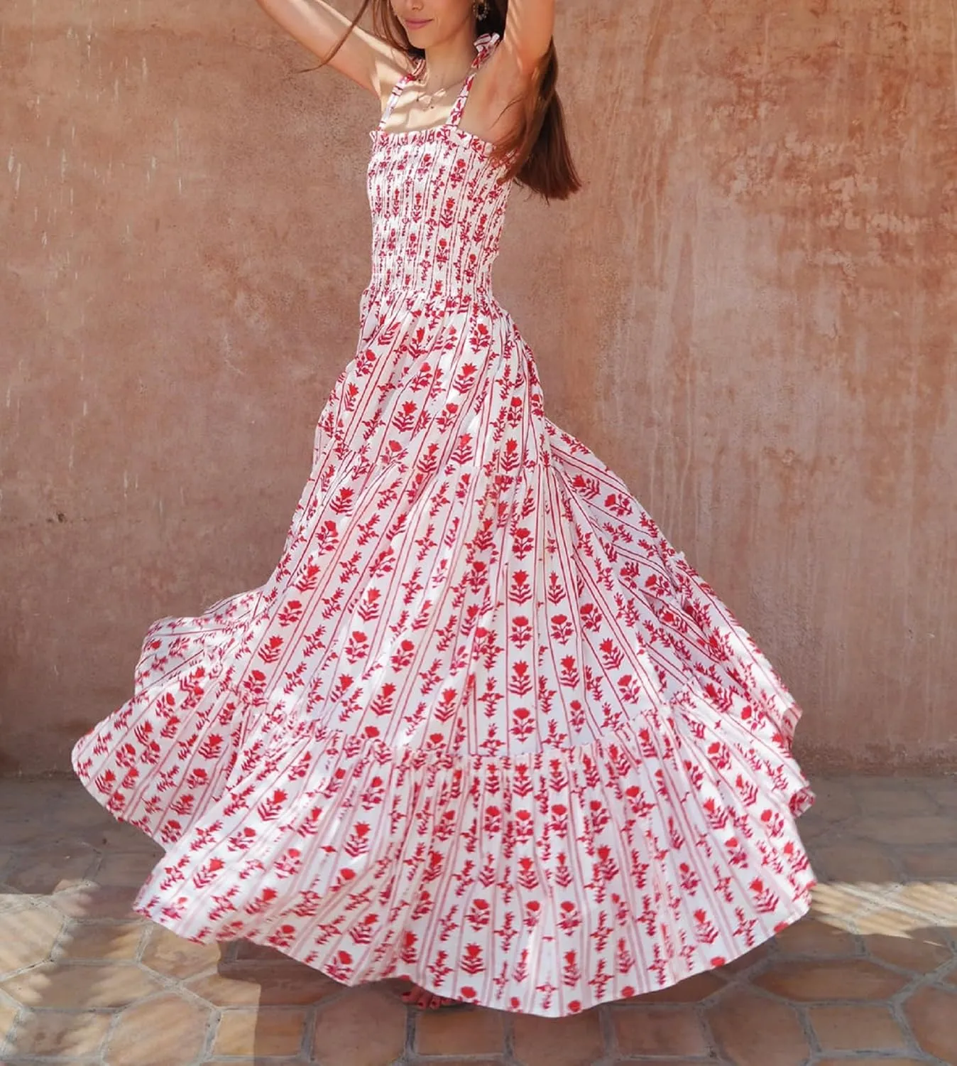 Womens Tie Shoulder Floral Boho Maxi Dress Sleeveless Flowy Tiered A Line Long Sundress Going Out Flower Beach Dress