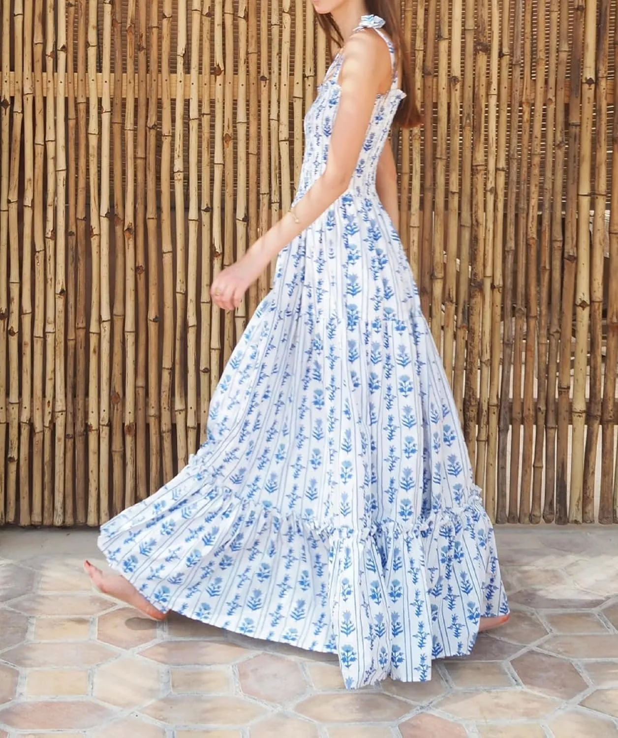 Womens Tie Shoulder Floral Boho Maxi Dress Sleeveless Flowy Tiered A Line Long Sundress Going Out Flower Beach Dress