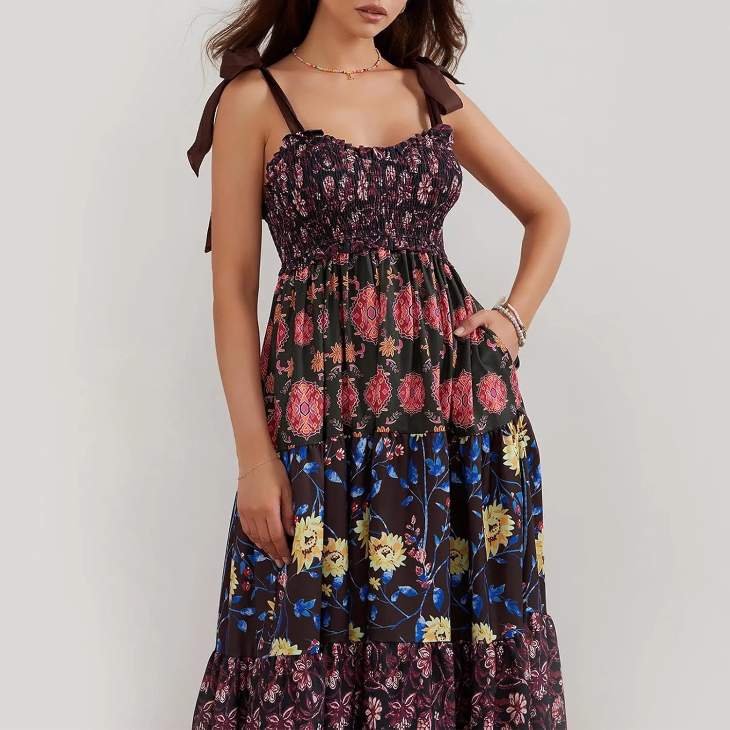 Womens Tie Shoulder Floral Boho Maxi Dress Sleeveless Flowy Tiered A Line Long Sundress Going Out Flower Beach Dress