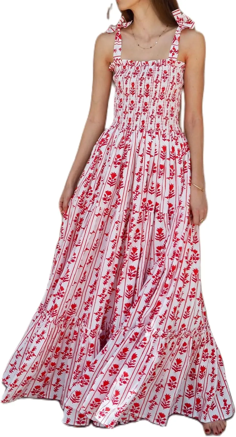 Womens Tie Shoulder Floral Boho Maxi Dress Sleeveless Flowy Tiered A Line Long Sundress Going Out Flower Beach Dress