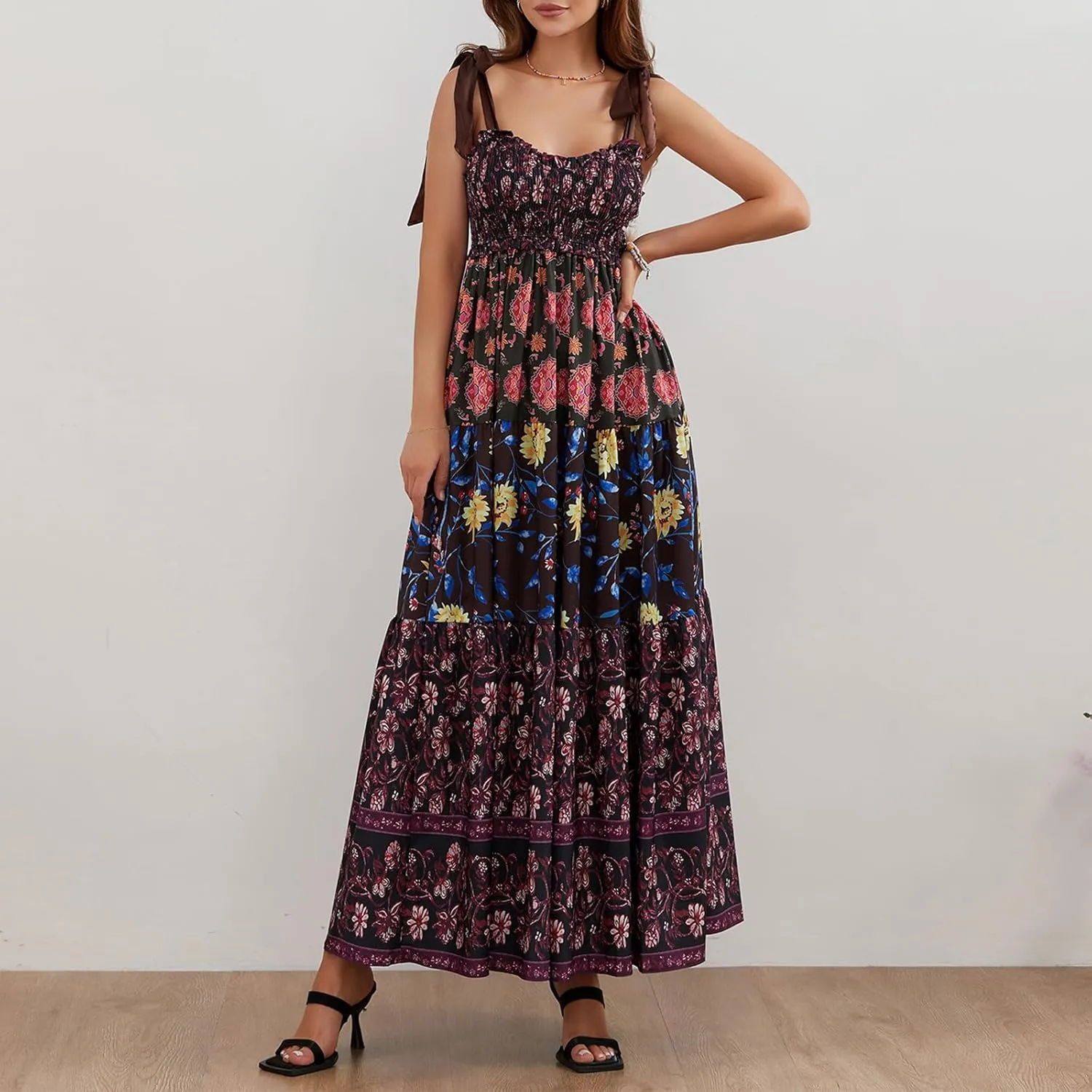 Womens Tie Shoulder Floral Boho Maxi Dress Sleeveless Flowy Tiered A Line Long Sundress Going Out Flower Beach Dress