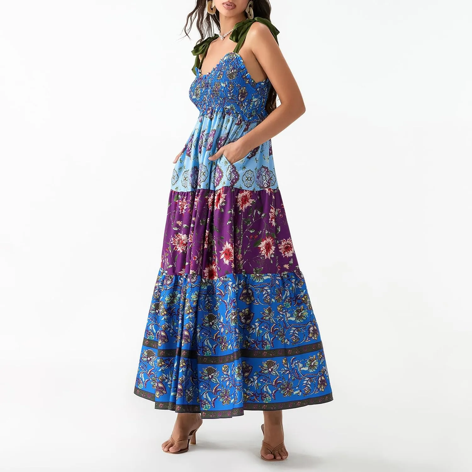 Womens Tie Shoulder Floral Boho Maxi Dress Sleeveless Flowy Tiered A Line Long Sundress Going Out Flower Beach Dress