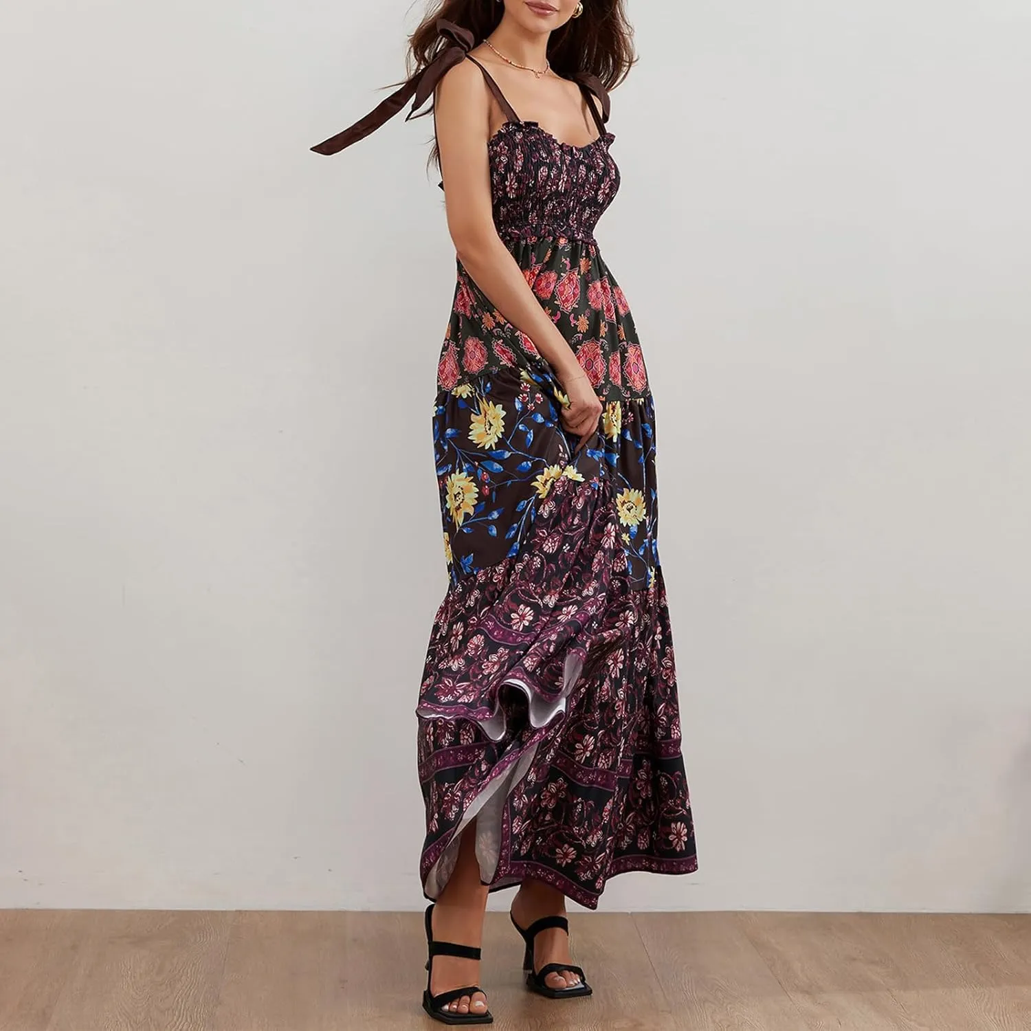Womens Tie Shoulder Floral Boho Maxi Dress Sleeveless Flowy Tiered A Line Long Sundress Going Out Flower Beach Dress