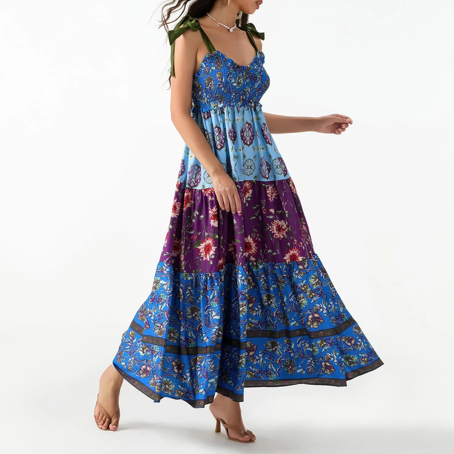 Womens Tie Shoulder Floral Boho Maxi Dress Sleeveless Flowy Tiered A Line Long Sundress Going Out Flower Beach Dress