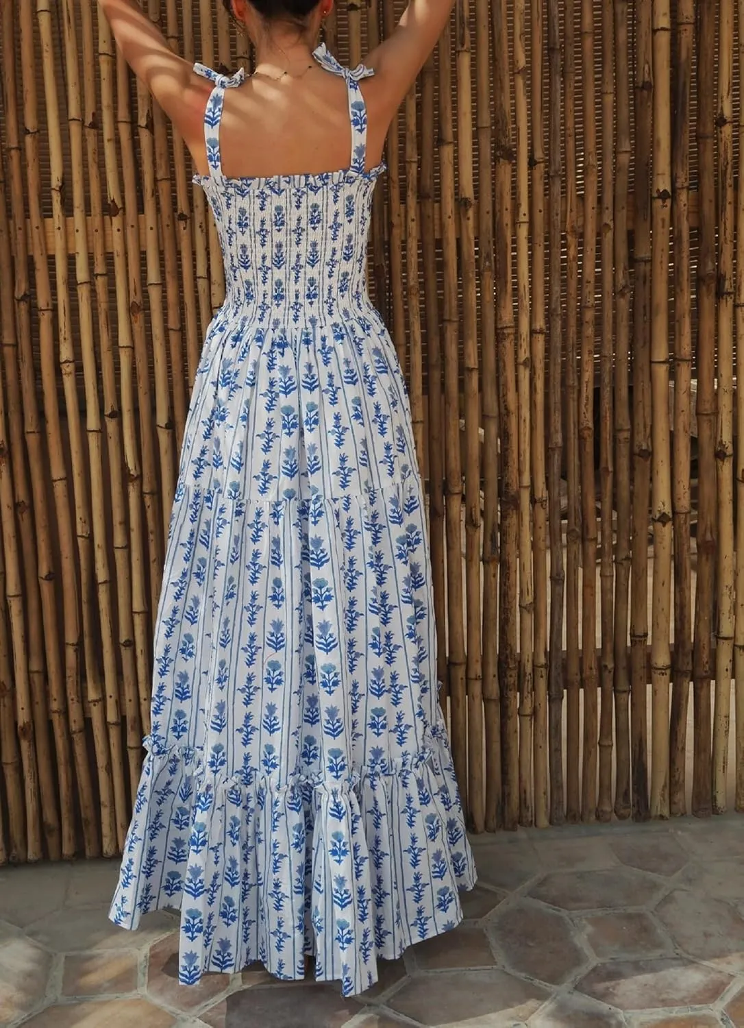 Womens Tie Shoulder Floral Boho Maxi Dress Sleeveless Flowy Tiered A Line Long Sundress Going Out Flower Beach Dress