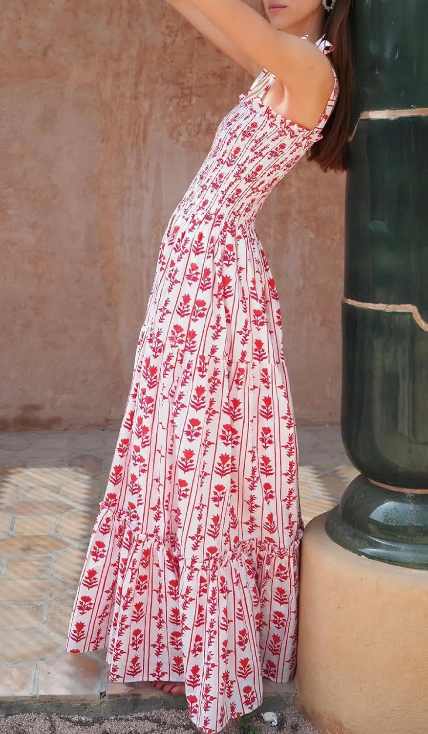 Womens Tie Shoulder Floral Boho Maxi Dress Sleeveless Flowy Tiered A Line Long Sundress Going Out Flower Beach Dress