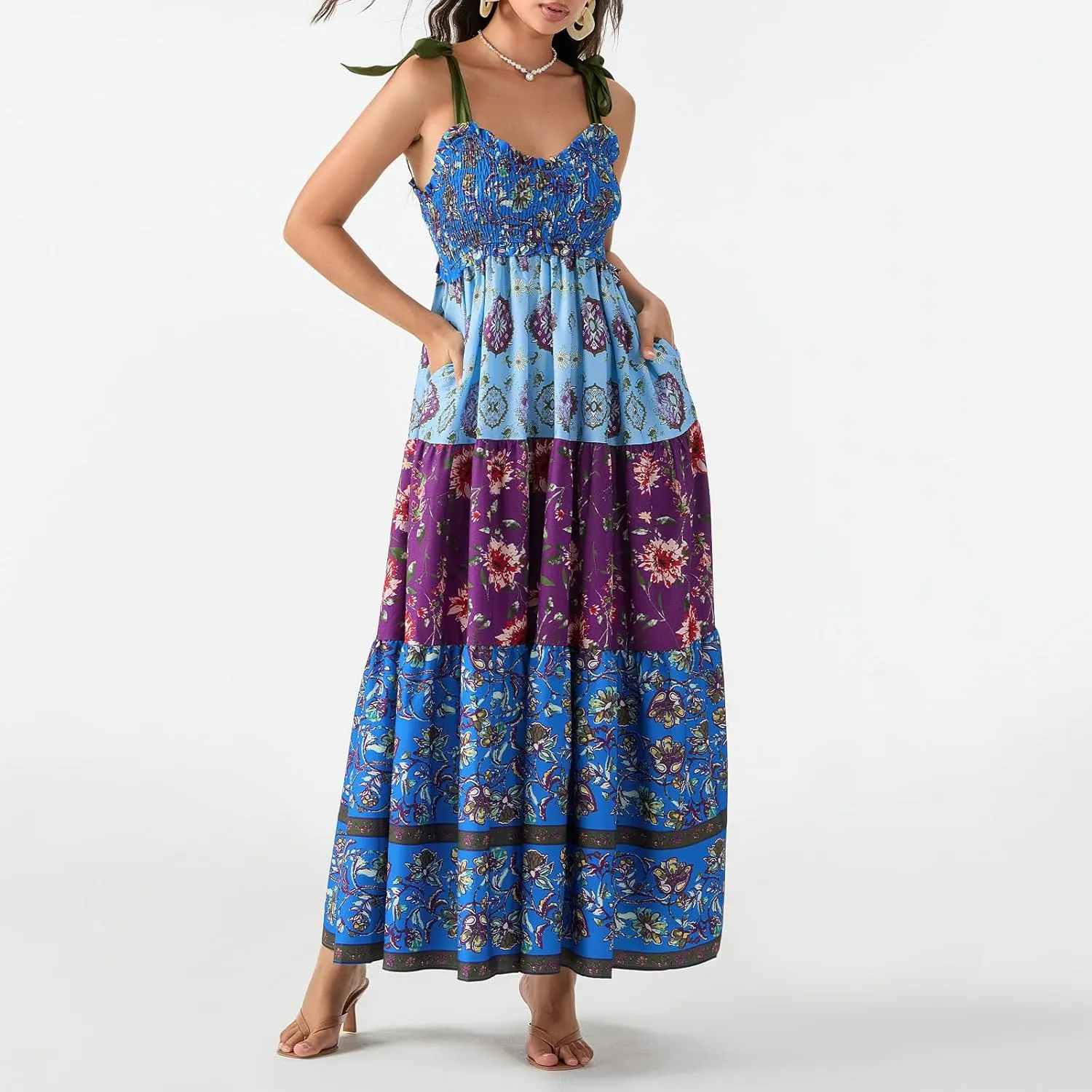 Womens Tie Shoulder Floral Boho Maxi Dress Sleeveless Flowy Tiered A Line Long Sundress Going Out Flower Beach Dress