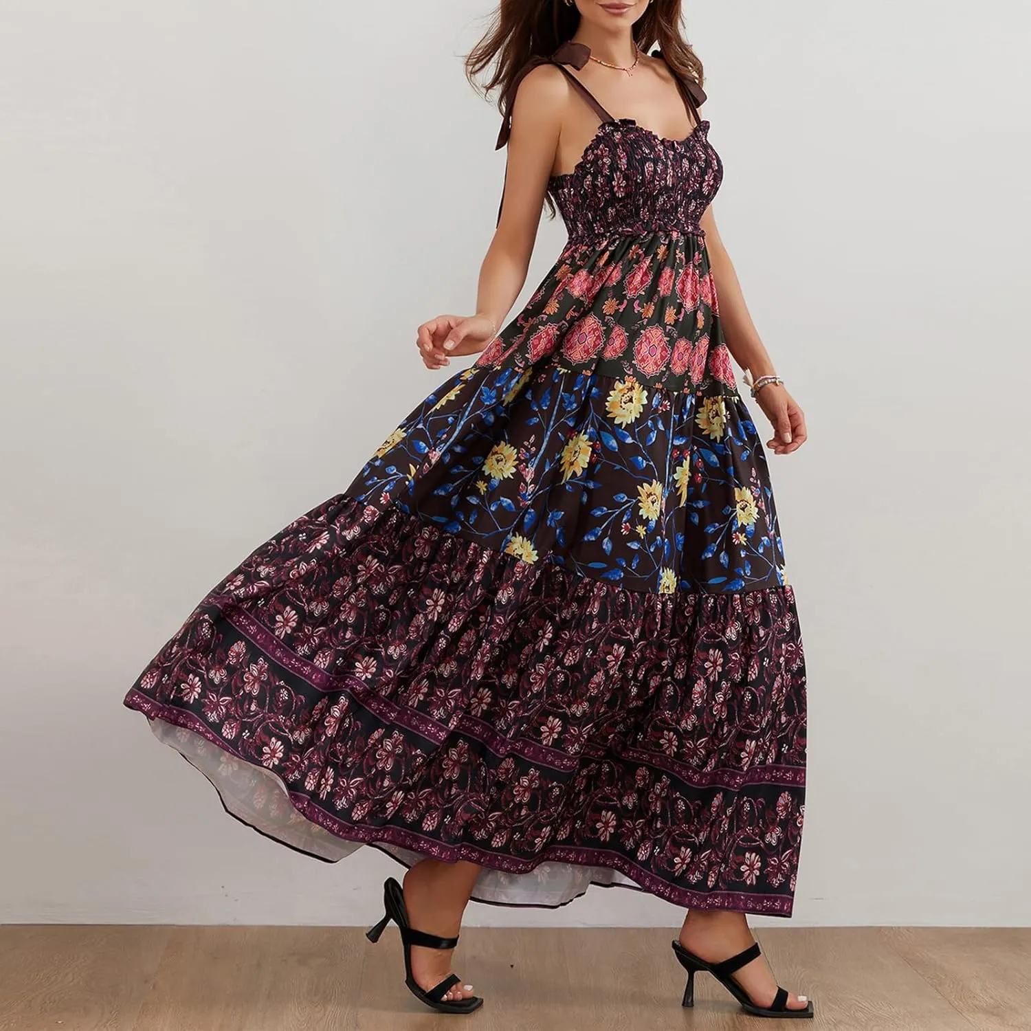 Womens Tie Shoulder Floral Boho Maxi Dress Sleeveless Flowy Tiered A Line Long Sundress Going Out Flower Beach Dress