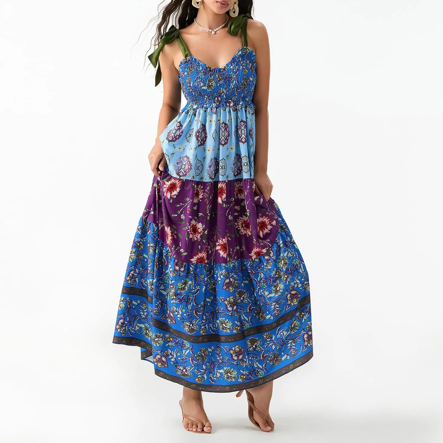 Womens Tie Shoulder Floral Boho Maxi Dress Sleeveless Flowy Tiered A Line Long Sundress Going Out Flower Beach Dress