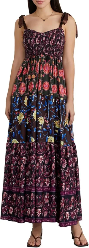 Womens Tie Shoulder Floral Boho Maxi Dress Sleeveless Flowy Tiered A Line Long Sundress Going Out Flower Beach Dress