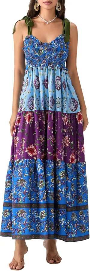 Womens Tie Shoulder Floral Boho Maxi Dress Sleeveless Flowy Tiered A Line Long Sundress Going Out Flower Beach Dress