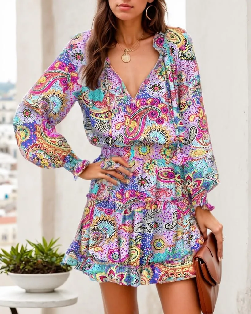 Women's V-Neck Boho Printed Mini Dress Summer Casual Long Sleeve Ruffle Hem Short Dress Loose Flowy Tiered Floral Dresses