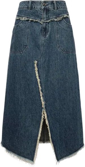 Women's Vintage Low-Rise Fringe Split Denim Long Skirt