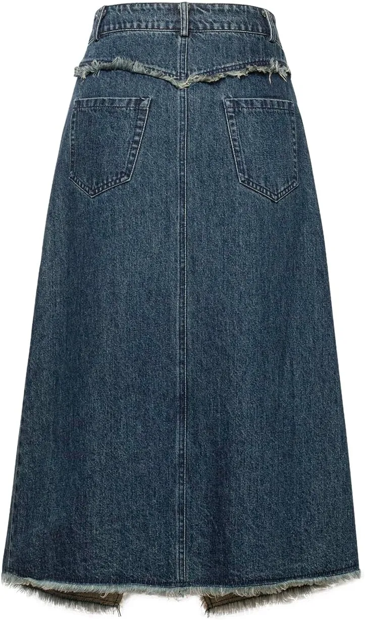 Women's Vintage Low-Rise Fringe Split Denim Long Skirt