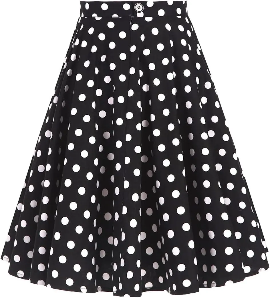 Women's Vintage Pleated Polka Dots Printed Basic A-line Swing Midi Skirt