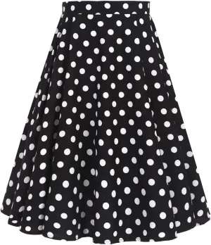 Women's Vintage Pleated Polka Dots Printed Basic A-line Swing Midi Skirt