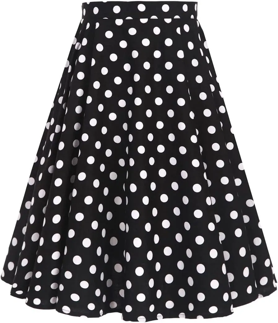Women's Vintage Pleated Polka Dots Printed Basic A-line Swing Midi Skirt
