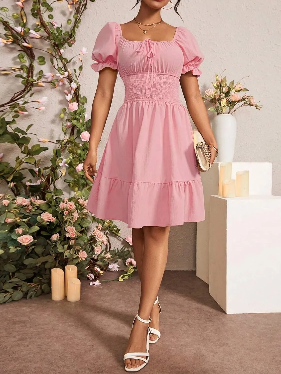 Women's Waist-Cinching Solid Color Square Neckline Dress Floral Sleeve Fashion Short Dresses for Women