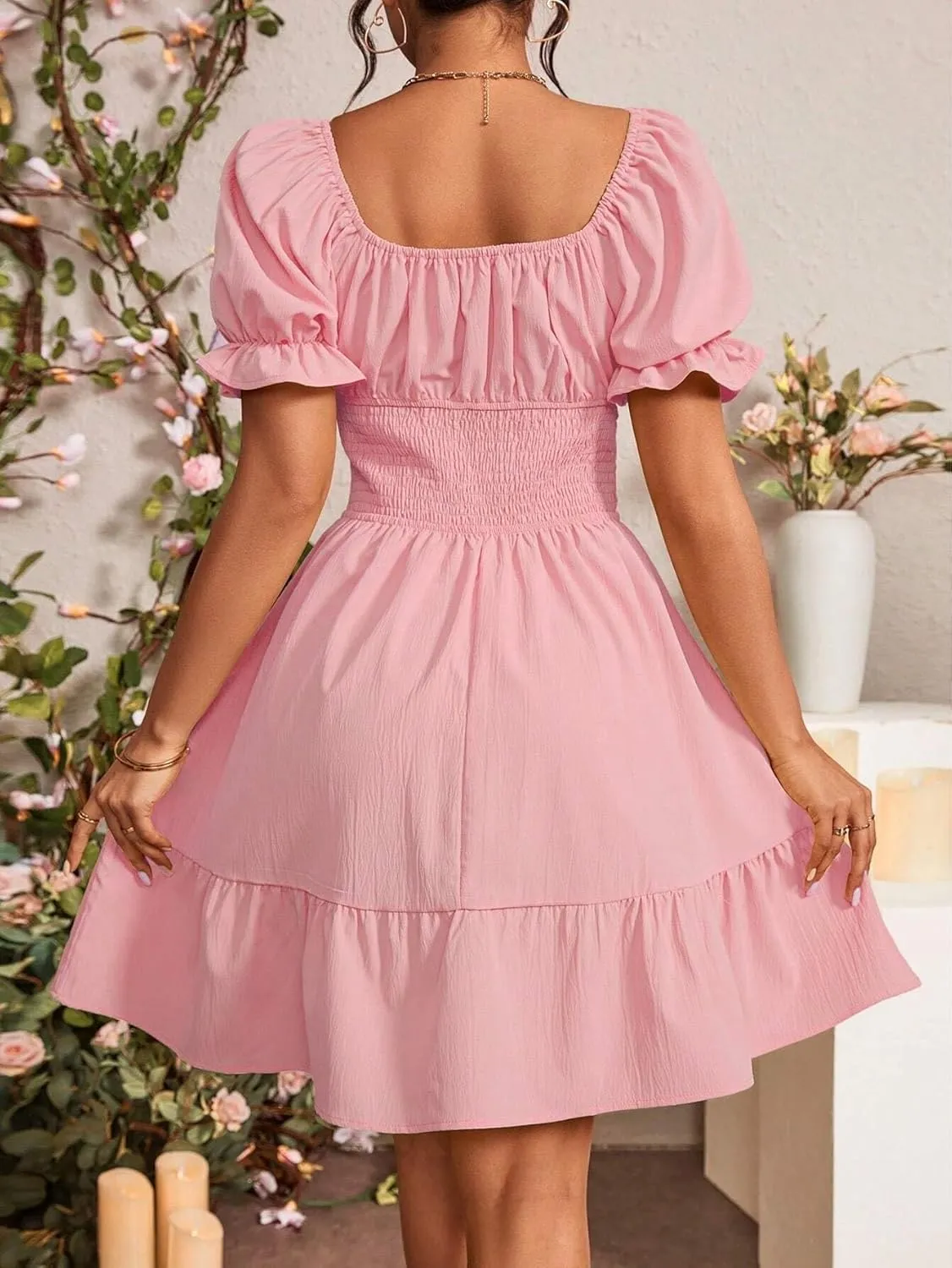 Women's Waist-Cinching Solid Color Square Neckline Dress Floral Sleeve Fashion Short Dresses for Women