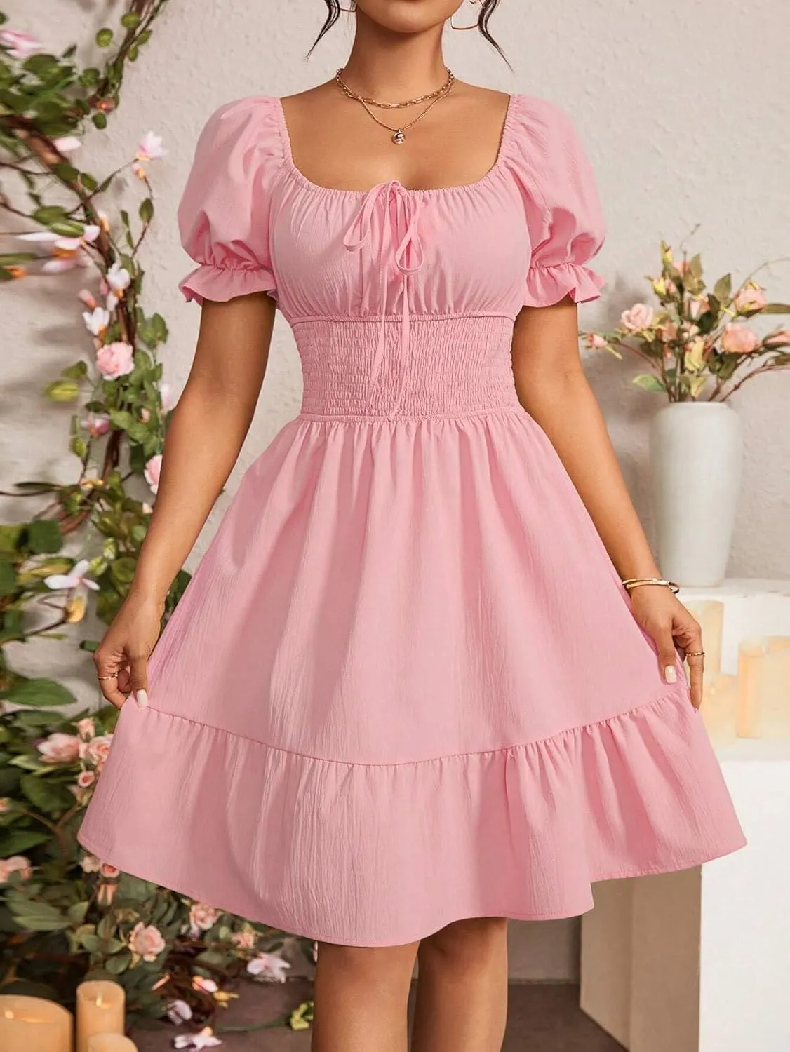 Women's Waist-Cinching Solid Color Square Neckline Dress Floral Sleeve Fashion Short Dresses for Women
