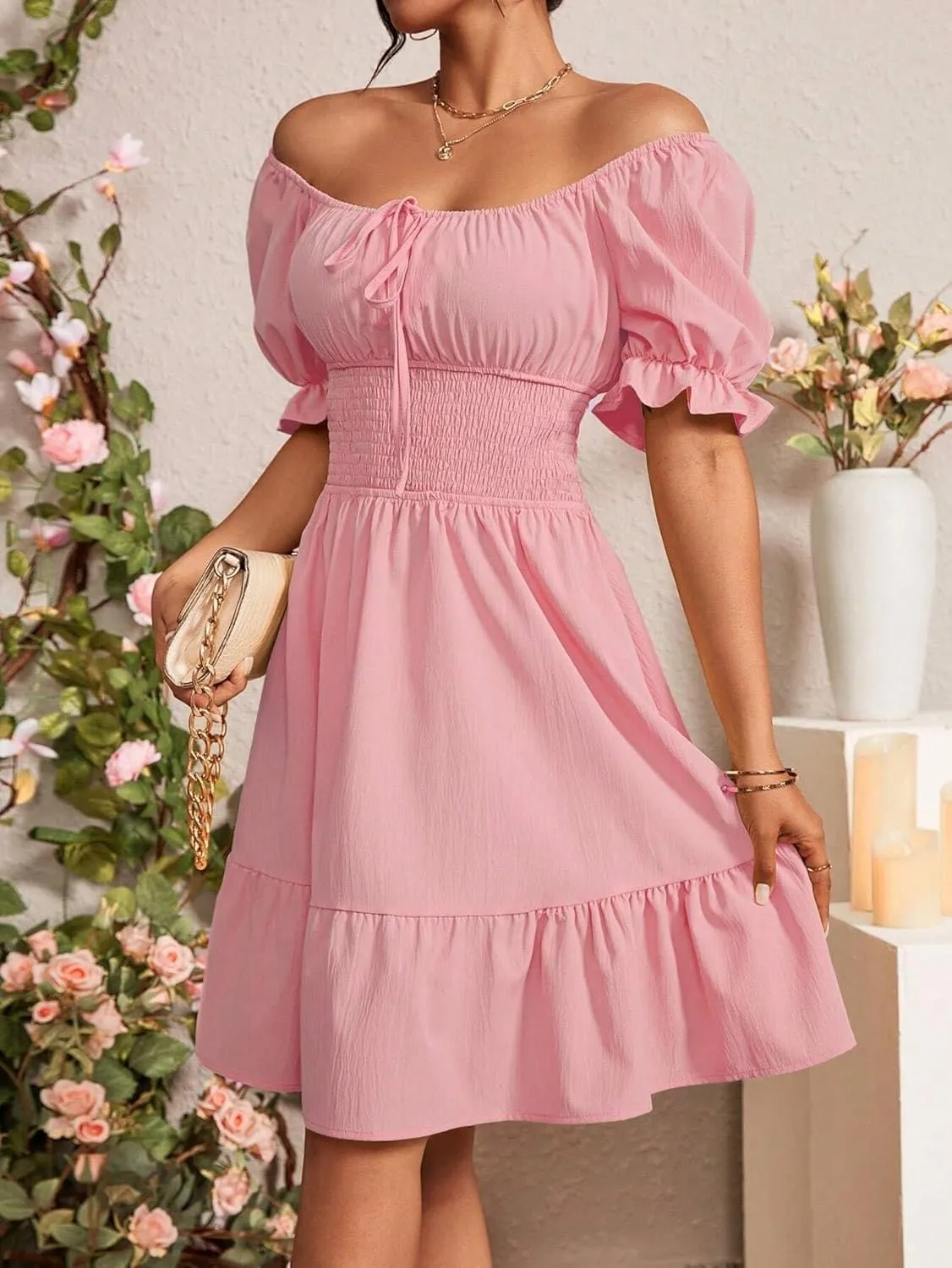 Women's Waist-Cinching Solid Color Square Neckline Dress Floral Sleeve Fashion Short Dresses for Women