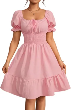Women's Waist-Cinching Solid Color Square Neckline Dress Floral Sleeve Fashion Short Dresses for Women