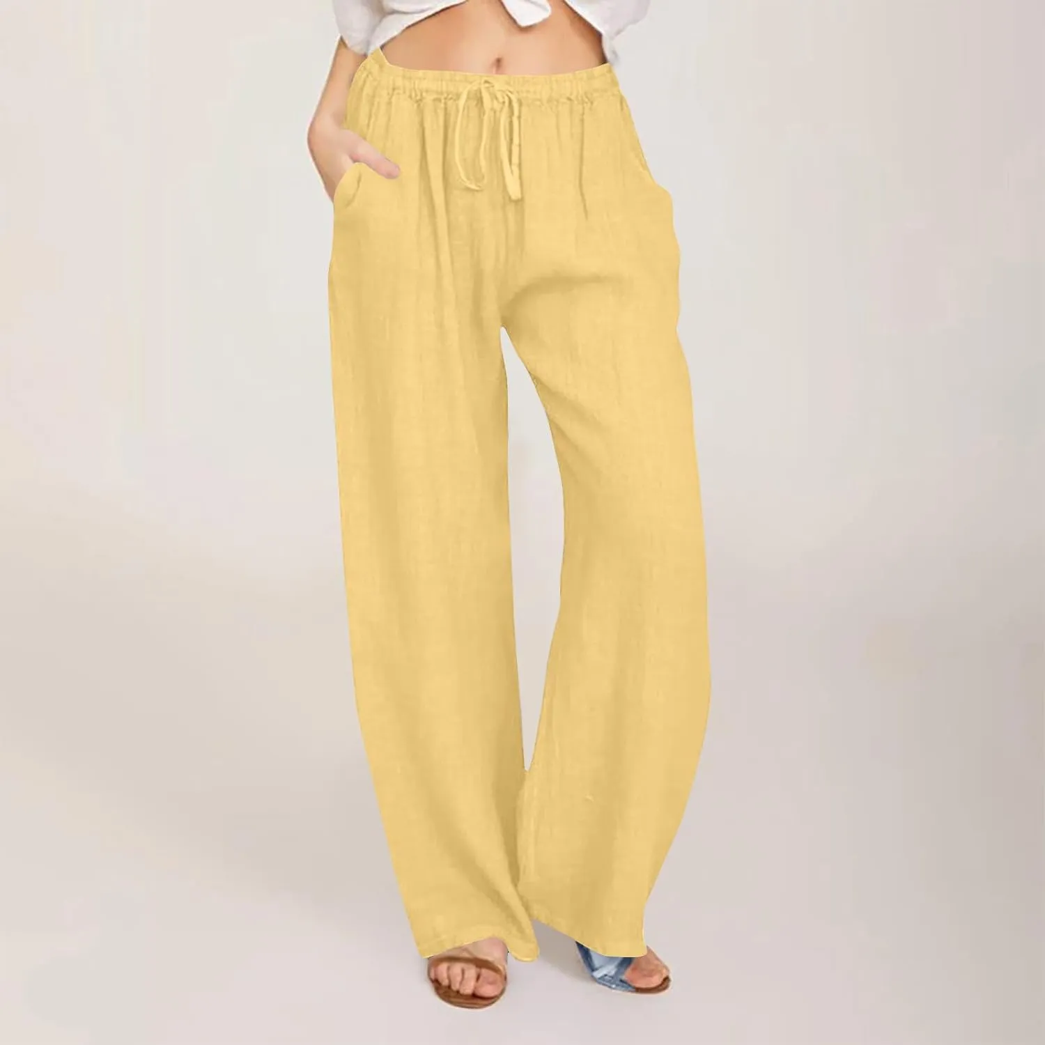 Womens Wide Leg Lounge Pants High Waisted Drawstring Casual Loose Palazzo Trousers Elastic Waist Pant with Pockets