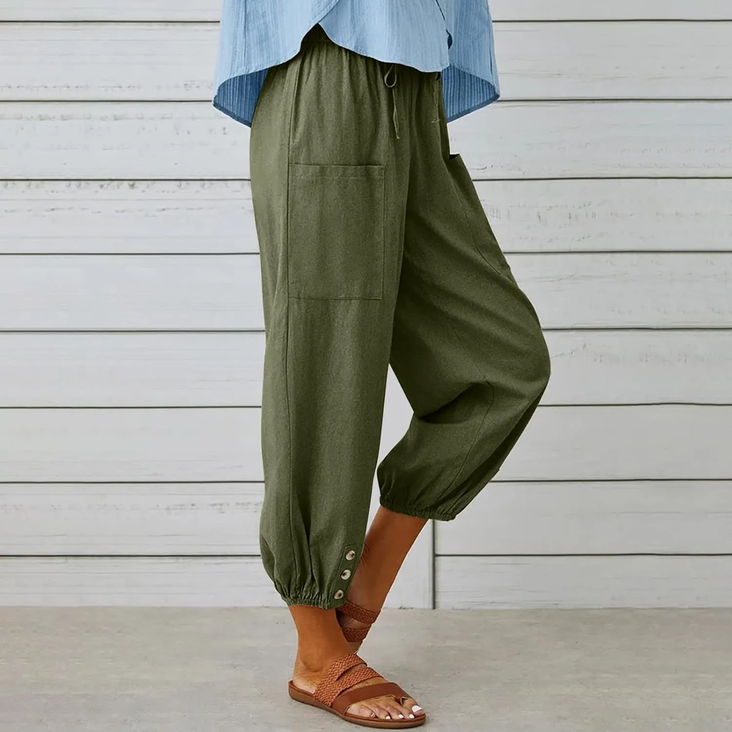 Womens Wide Leg Pants Casual Drawstring Capri Pants High Waist Cotton Linen Pants Lantern Tapered Harem Pants Slacks