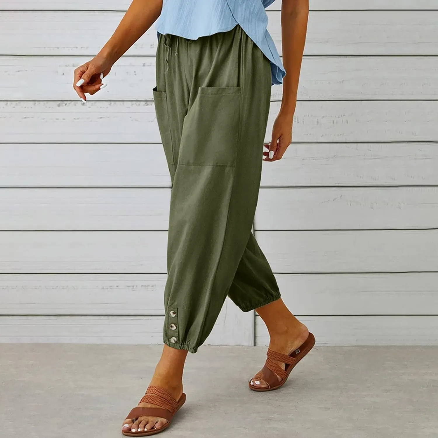 Womens Wide Leg Pants Casual Drawstring Capri Pants High Waist Cotton Linen Pants Lantern Tapered Harem Pants Slacks