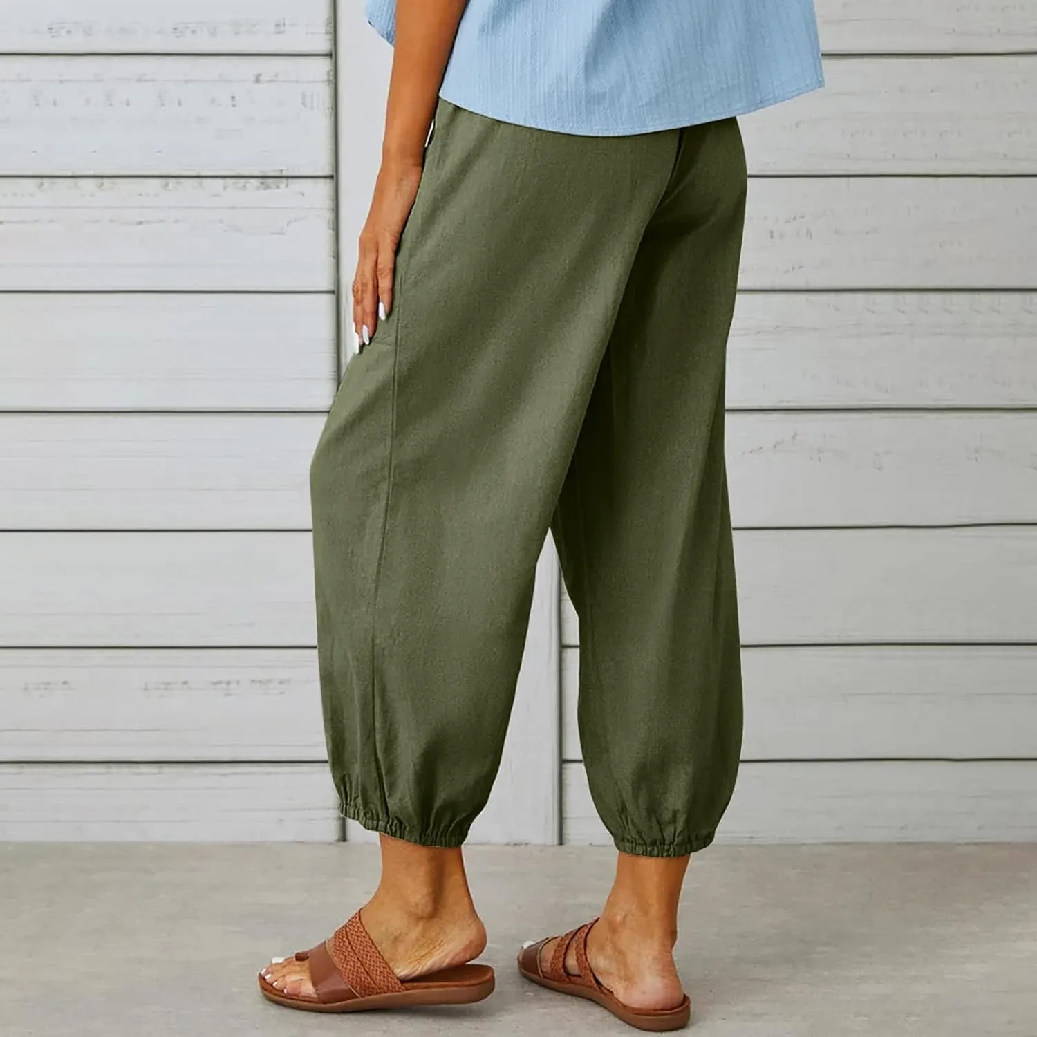 Womens Wide Leg Pants Casual Drawstring Capri Pants High Waist Cotton Linen Pants Lantern Tapered Harem Pants Slacks