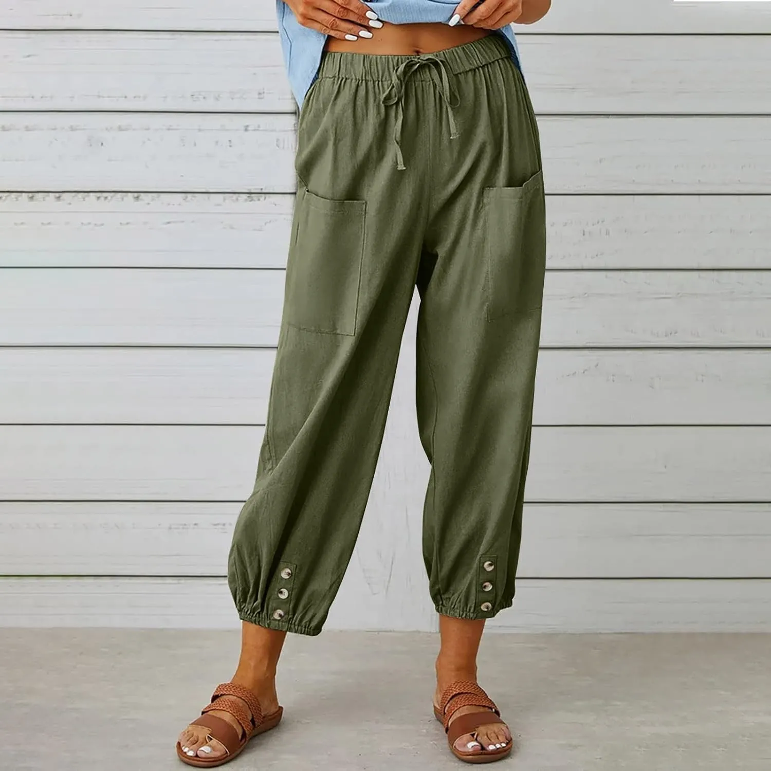 Womens Wide Leg Pants Casual Drawstring Capri Pants High Waist Cotton Linen Pants Lantern Tapered Harem Pants Slacks