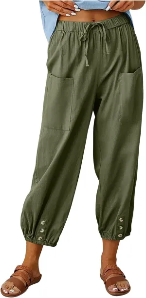 Womens Wide Leg Pants Casual Drawstring Capri Pants High Waist Cotton Linen Pants Lantern Tapered Harem Pants Slacks