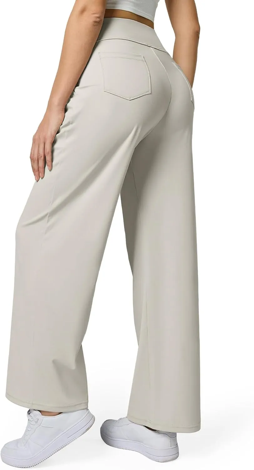Womens Wide Leg Pants Pull On High Waist Stretch Dress Business Casual Yoga Work Pants with 5 Pockets