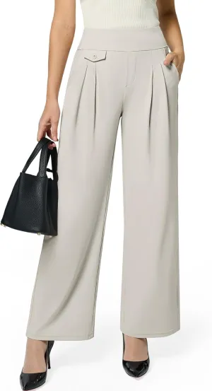 Womens Wide Leg Pants Pull On High Waist Stretch Dress Business Casual Yoga Work Pants with 5 Pockets