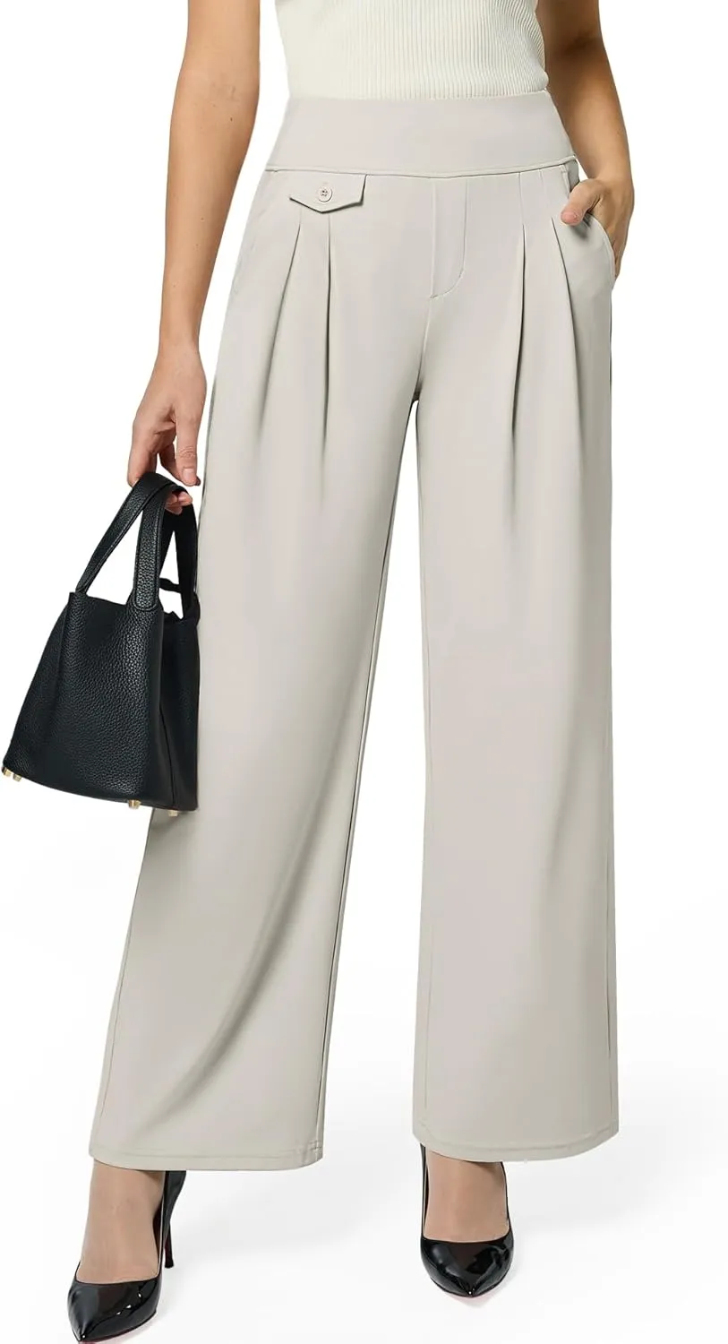 Womens Wide Leg Pants Pull On High Waist Stretch Dress Business Casual Yoga Work Pants with 5 Pockets